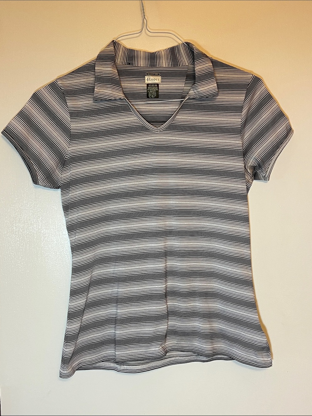 Lopez Golf Women's Black & White Striped Short-Sleeve Polo V-Neck Top